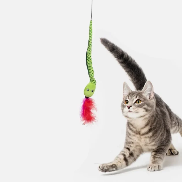 Snake Dangler Cat Toy | Interactive Plush with Feathers, Bells & Bungee Motion
