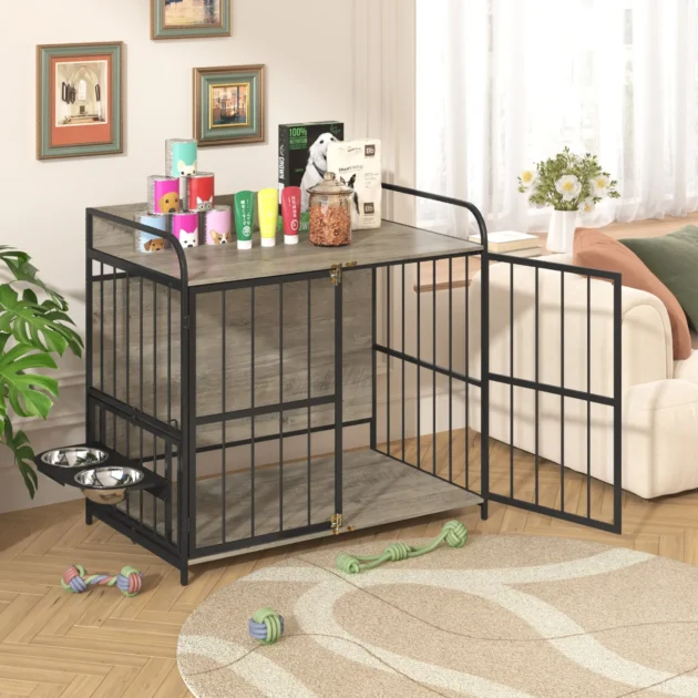 39'' Indoor Metal Dog Crate with Double Doors, Wooden Side End Table Crate, Dog Crate Furniture with Adjustable Feeder Stand, for Medium Dog, Gray