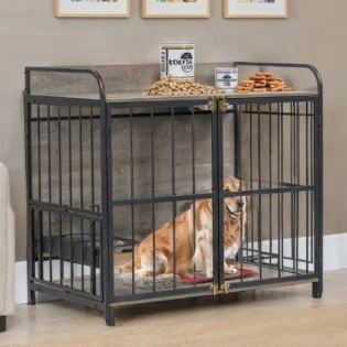 39'' Indoor Metal Dog Crate with Double Doors, Wooden Side End Table Crate, Dog Crate Furniture with Adjustable Feeder Stand, for Medium Dog, Gray - Image 4