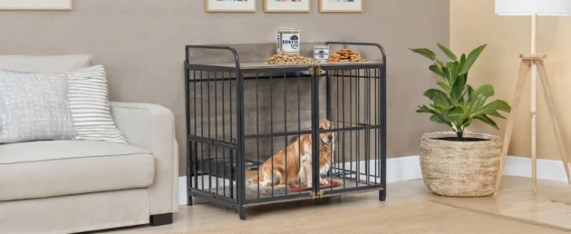 39'' Indoor Metal Dog Crate with Double Doors, Wooden Side End Table Crate, Dog Crate Furniture with Adjustable Feeder Stand, for Medium Dog, Gray - Image 4