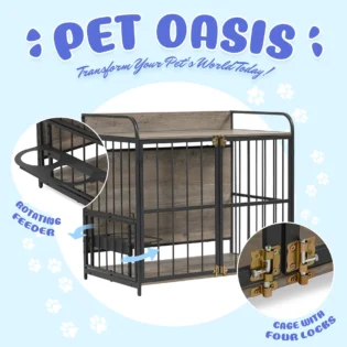 39'' Indoor Metal Dog Crate with Double Doors, Wooden Side End Table Crate, Dog Crate Furniture with Adjustable Feeder Stand, for Medium Dog, Gray - Image 6