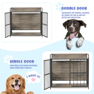 39'' Indoor Metal Dog Crate with Double Doors, Wooden Side End Table Crate, Dog Crate Furniture with Adjustable Feeder Stand, for Medium Dog, Gray - Image 7