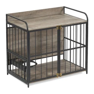 39'' Indoor Metal Dog Crate with Double Doors, Wooden Side End Table Crate, Dog Crate Furniture with Adjustable Feeder Stand, for Medium Dog, Gray - Image 8