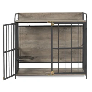 39'' Indoor Metal Dog Crate with Double Doors, Wooden Side End Table Crate, Dog Crate Furniture with Adjustable Feeder Stand, for Medium Dog, Gray - Image 9