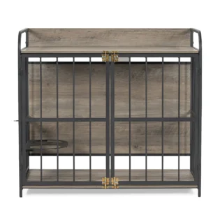 39'' Indoor Metal Dog Crate with Double Doors, Wooden Side End Table Crate, Dog Crate Furniture with Adjustable Feeder Stand, for Medium Dog, Gray - Image 10