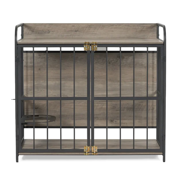 39'' Indoor Metal Dog Crate with Double Doors, Wooden Side End Table Crate, Dog Crate Furniture with Adjustable Feeder Stand, for Medium Dog, Gray - Image 10