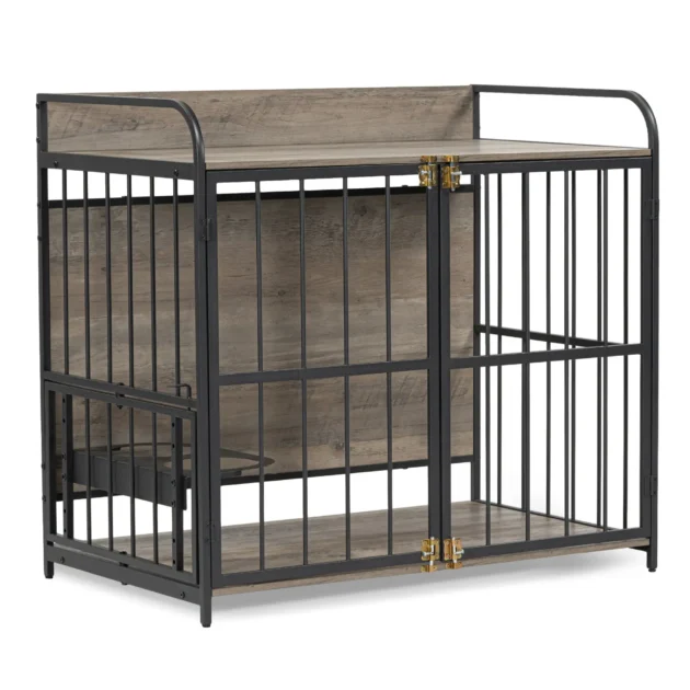 39'' Indoor Metal Dog Crate with Double Doors, Wooden Side End Table Crate, Dog Crate Furniture with Adjustable Feeder Stand, for Medium Dog, Gray - Image 11