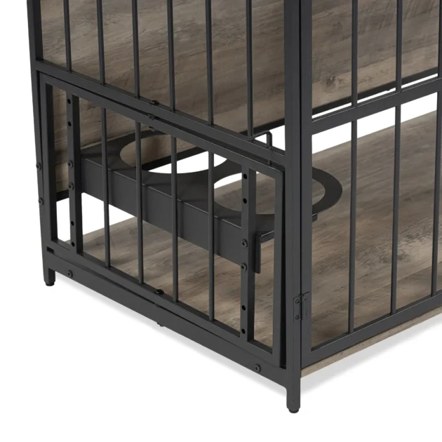 39'' Indoor Metal Dog Crate with Double Doors, Wooden Side End Table Crate, Dog Crate Furniture with Adjustable Feeder Stand, for Medium Dog, Gray - Image 14