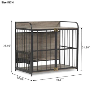 39'' Indoor Metal Dog Crate with Double Doors, Wooden Side End Table Crate, Dog Crate Furniture with Adjustable Feeder Stand, for Medium Dog, Gray - Image 16